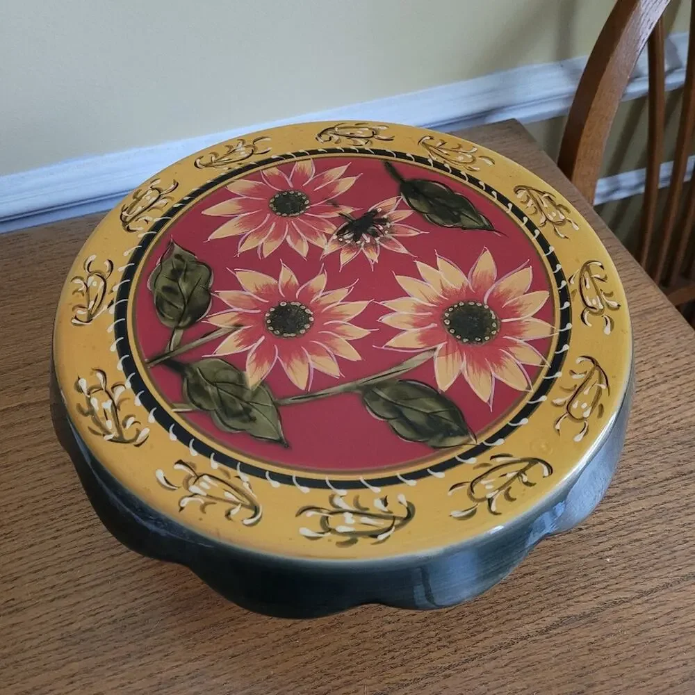 Pier 1 Imports Sunflower Hand Painted Terracotta Pedestal Harvest Cake Stand